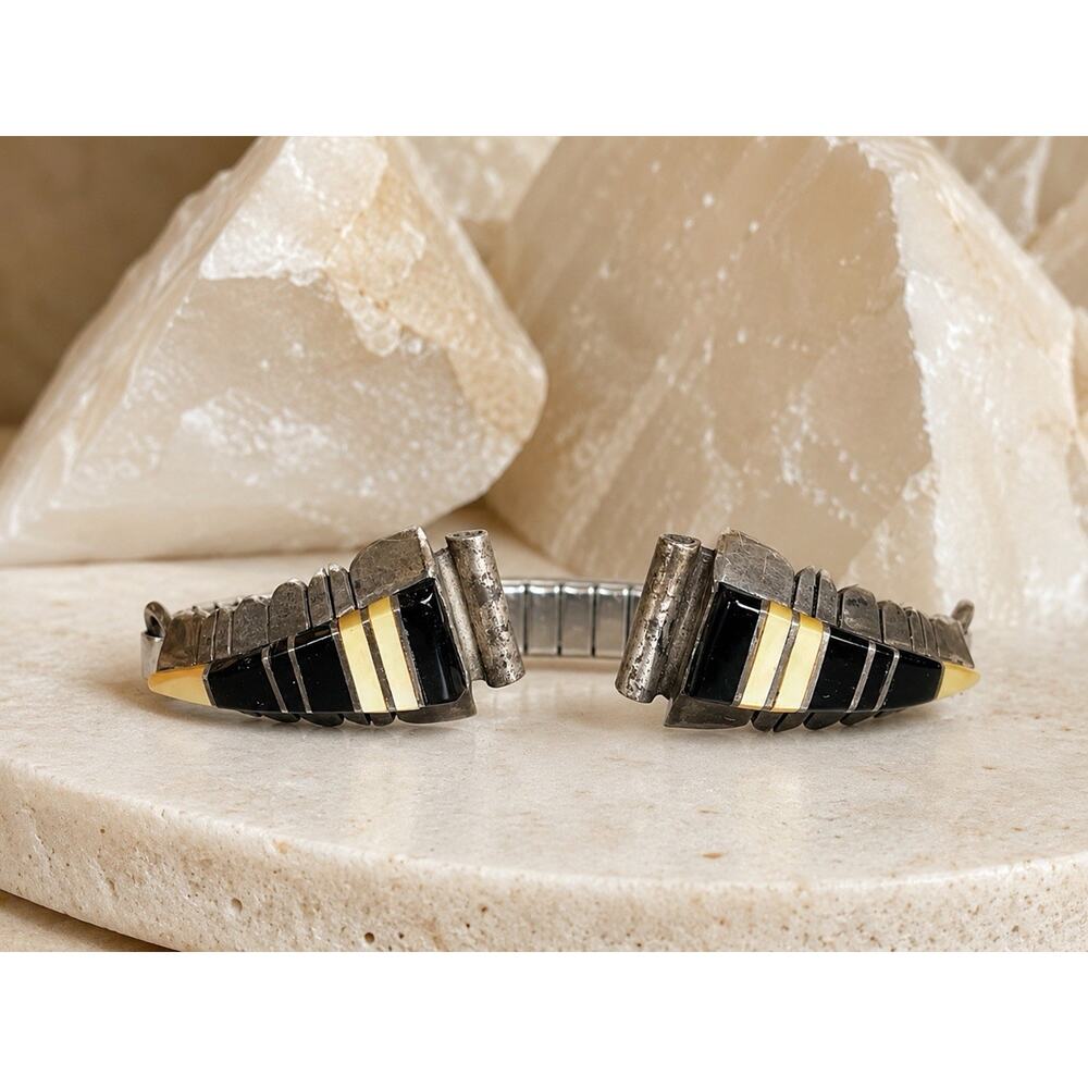 Vintage Zuni Sterling Watch Tips Signed BVN B. Nastacio Inlay Black Onyx MOP